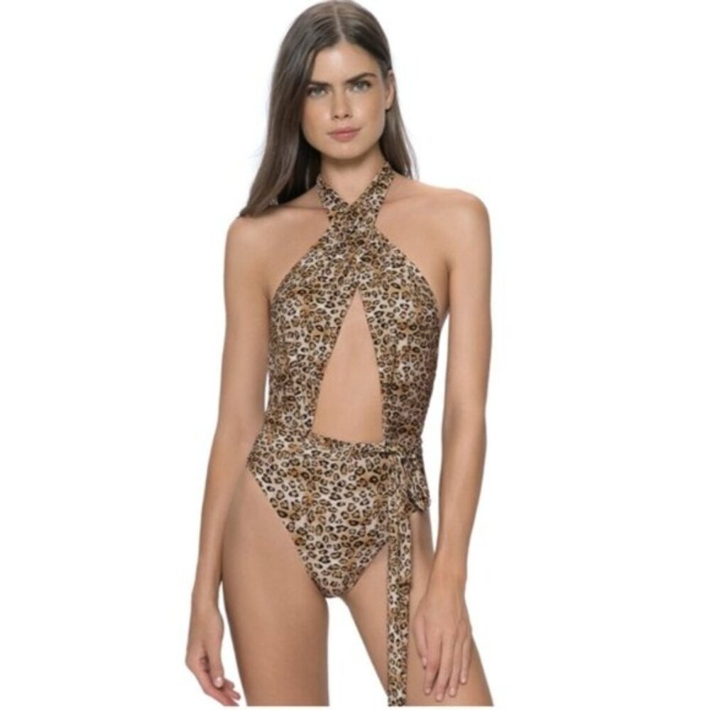 PQ Swim Leopard Print Halter One-Piece Swimsuit in Brown and Tan